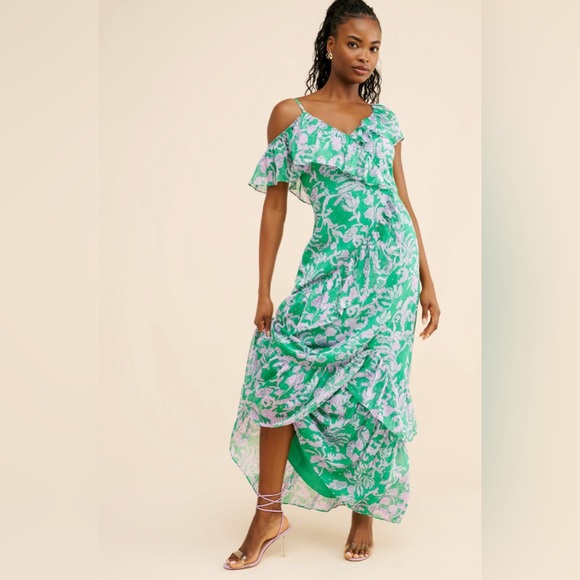 Lilly Pulitzer Rosalynn Ruffle Maxi Dress Green Purple Floral Size 6